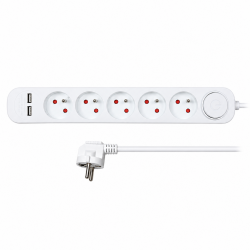 Prodlužka 3m, 5 zásuvek, USB 2.4A, 3 x 1mm2, vypínač, bílá